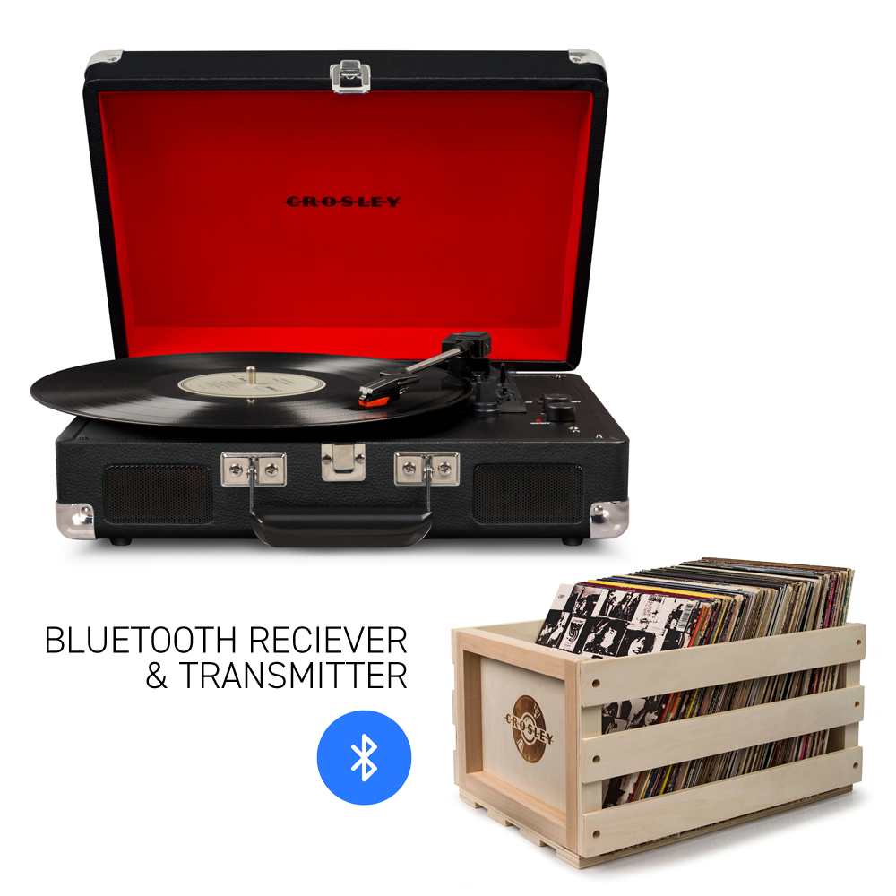 crosley crosley cruiser black bluetooth turntable & record storage crate