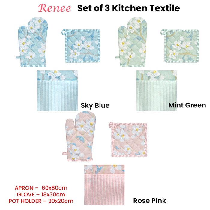 set of 3 renee cotton cover kitchen textile sky blue