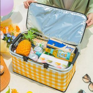 collapsible outdoor camping portable insulated picnic basket camping picnic ice pack(yellow grid) collapsible outdoor camping portable insulated picnic basket camping picnic ice pack(yellow grid)