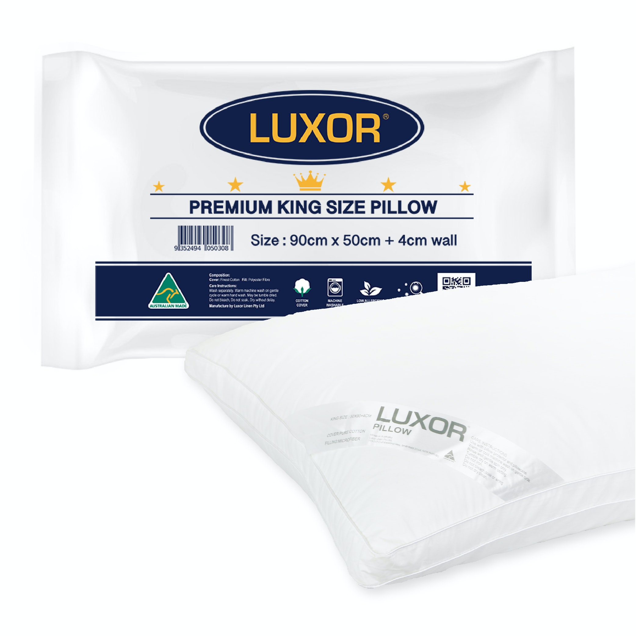 Luxor Australian Made Hotel King Size Pillow with 4cm Wall - Single Pack
