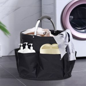 navy blue portable picnic basket, foldable outdoor beach basket with handle, multi use storage and wash bag