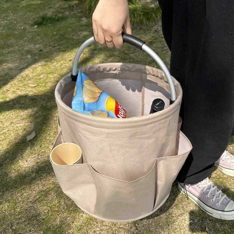 khaki portable picnic basket, foldable outdoor beach basket with handle, multi use storage and wash bag