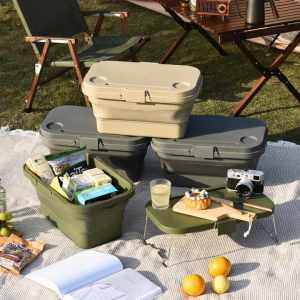 army green foldable outdoor picnic basket with lid and tabletop, camping storage box, car friendly organizer