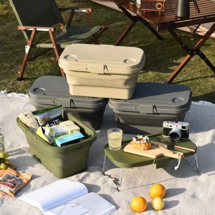 army green foldable outdoor picnic basket with lid and tabletop, camping storage box, car friendly organizer army green foldable outdoor picnic basket with lid and tabletop, camping storage box, car friendly organizer