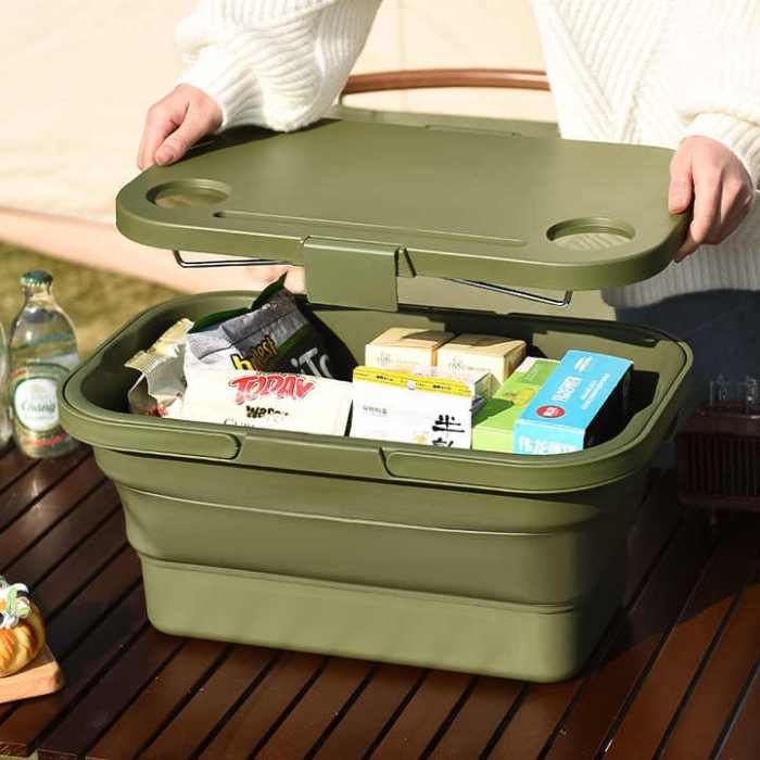 army green foldable outdoor picnic basket with lid and tabletop, camping storage box, car friendly organizer army green foldable outdoor picnic basket with lid and tabletop, camping storage box, car friendly organizer
