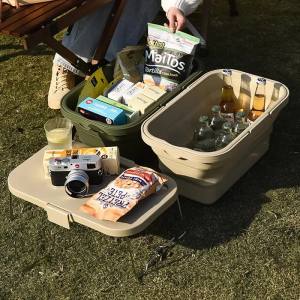 ivory foldable outdoor picnic basket with lid and tabletop, camping storage box, car friendly organizer