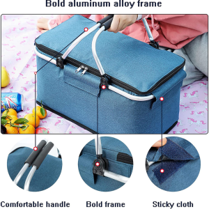red portable aluminum foil insulated picnic basket with zipper lid, 40x20x23cm