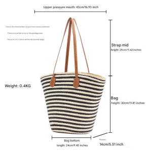 black and brown stripes handmade large capacity striped beach tote bag with zipper and inner pocket summer vacation woven shoulder bag for women