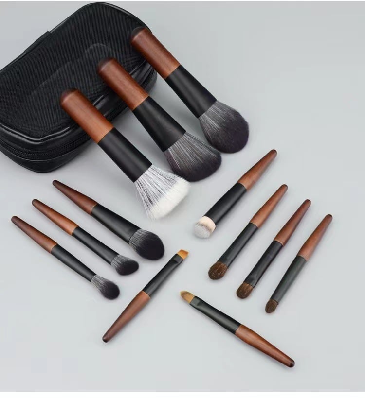 style b 12 piece mini portable makeup brush set fiber bristle beauty tool set(with storage bag)