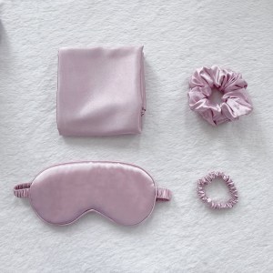 pink luxury faux silk sleep gift set 4 piece eye mask, pillowcase & scrunchies for relaxation & comfort