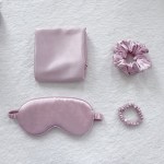 light gold luxury faux silk sleep gift set 4 piece eye mask, pillowcase & scrunchies for relaxation & comfort