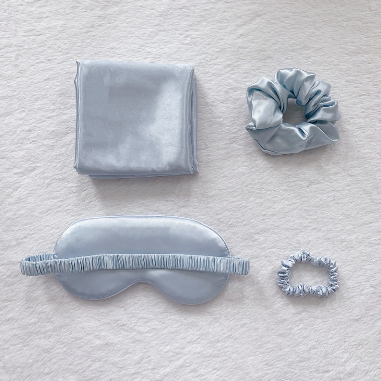 light gold luxury faux silk sleep gift set 4 piece eye mask, pillowcase & scrunchies for relaxation & comfort