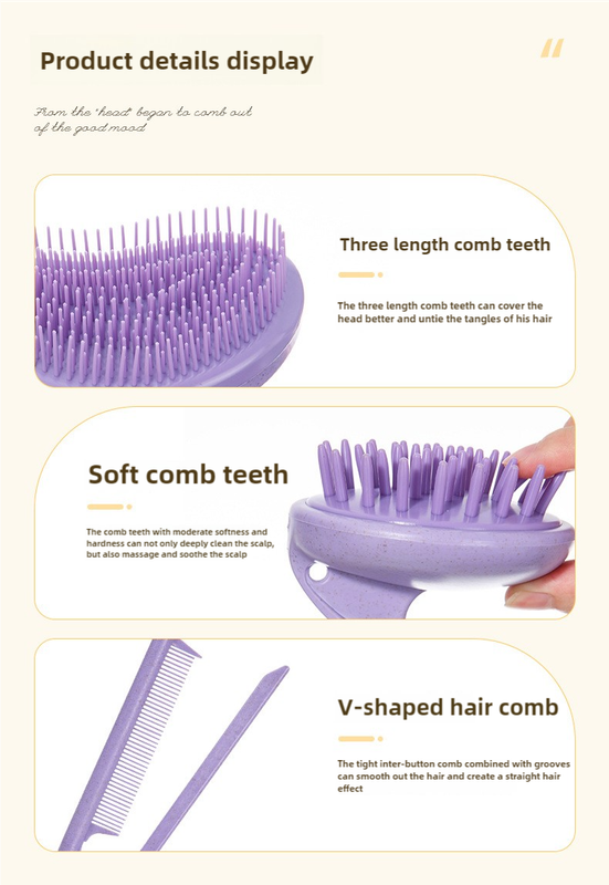 purple eco friendly wheat straw hair care set massage brush, detangling comb, and v shaped comb for all hair types