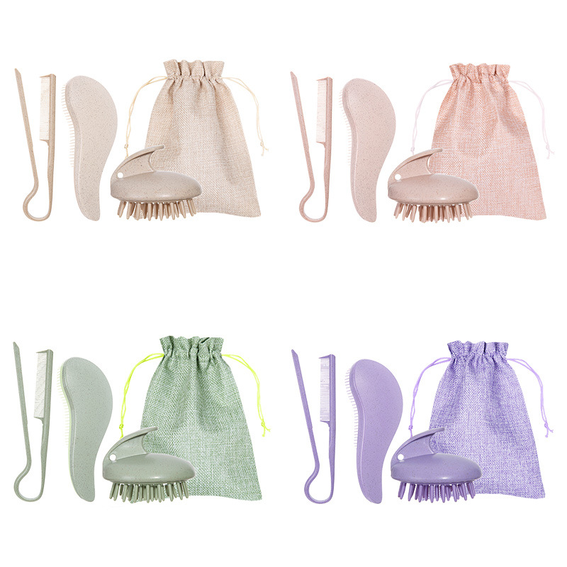 pink eco friendly wheat straw hair care set massage brush, detangling comb, and v shaped comb for all hair types