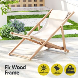 gardeon outdoor deck chair wooden sun lounge folding beach patio furniture beige