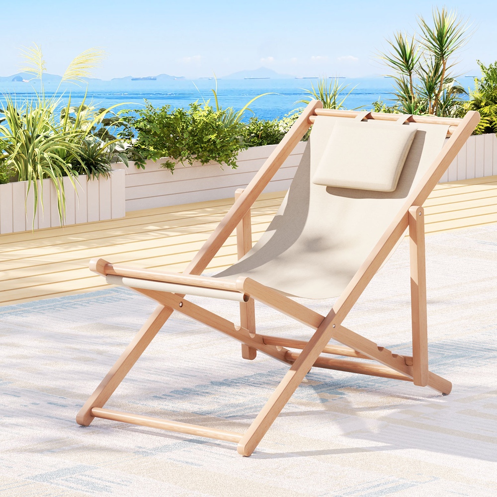 gardeon outdoor deck chair wooden sun lounge folding beach patio furniture beige