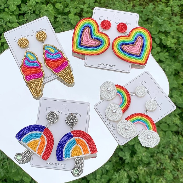 rainbow beaded umbrella & ice cream love statement earrings – boho jewelry for women & girls Rainbow Beaded Umbrella & Ice Cream Love Statement Earrings – Boho Jewelry for Women & Girls 1