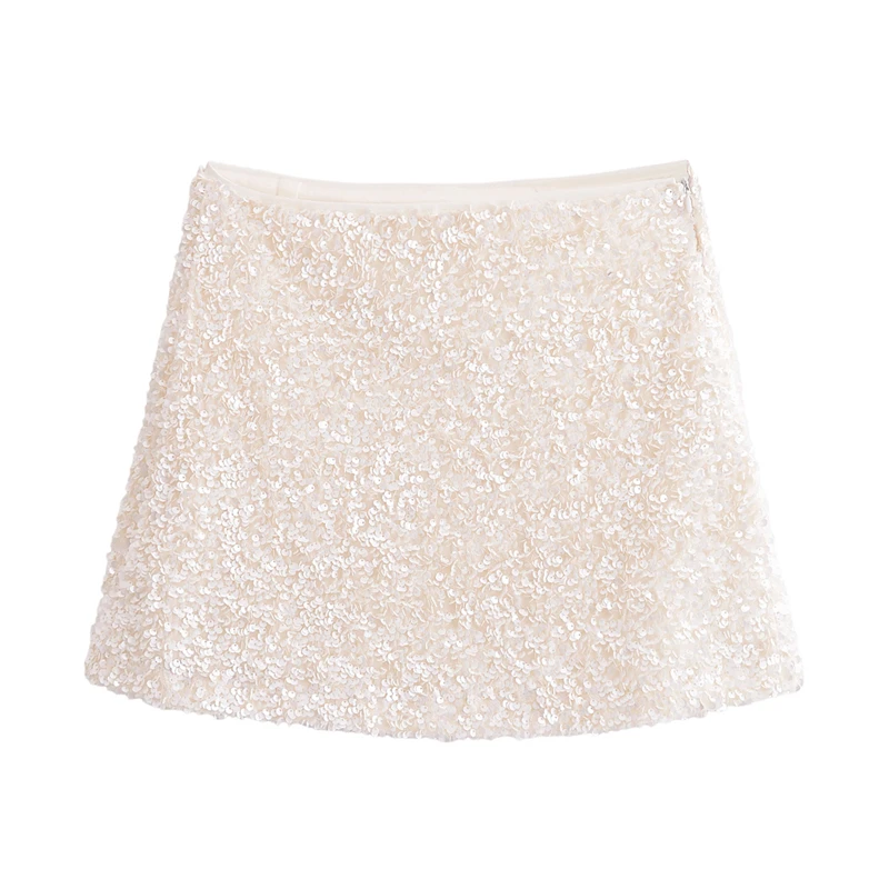 KEYANKETIAN 2025 Spring New Women's Sequined Decoration Mini Skirt Elegant Fashion Side Zipper High Waist Shiny A Line Skirt