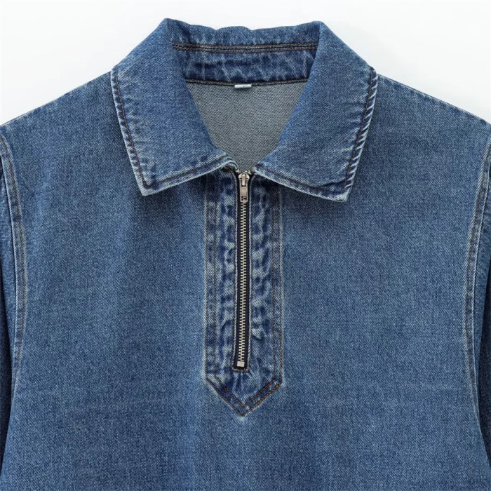 Zach Women's Casual Denim Shirt – Long Sleeve Lapel Top with Half-Zipper, Loose & Versatile for Autumn 3
