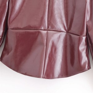 Womens Glossy Faux leather Jacket Street style Single Breasted Patchwork Slim Cropped Shirt Coat