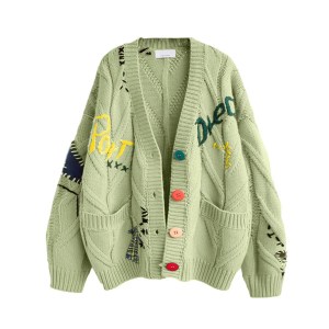 Loose Knitted Sweater – Long Sleeve Embroidered V-Neck Open Front Cardigan, 1