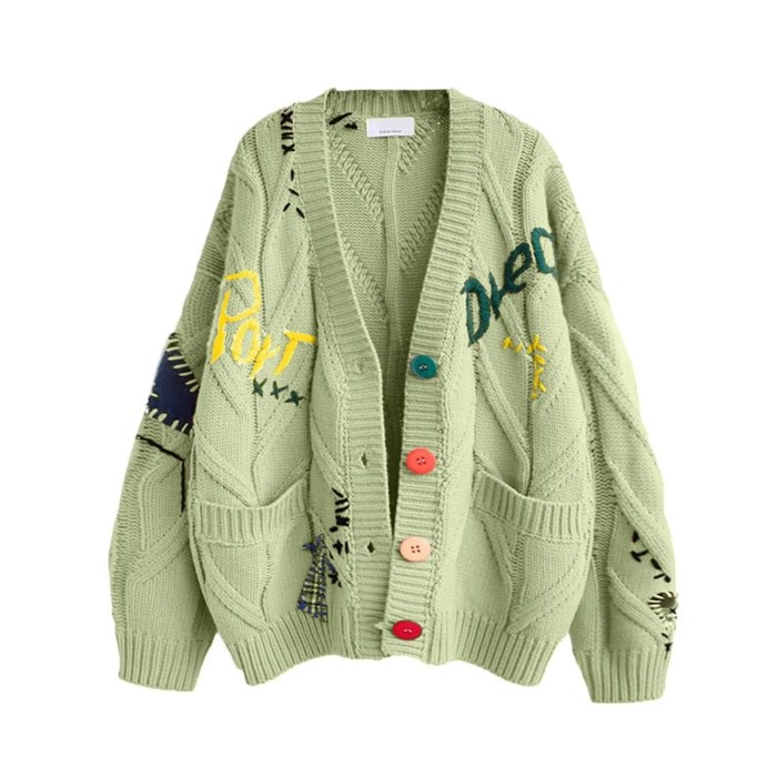 loose knitted sweater – long sleeve embroidered v neck open front cardigan, Loose Knitted Sweater – Long Sleeve Embroidered V-Neck Open Front Cardigan, 1