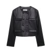 women's black leather look blazer – street style, o neck, double breasted leather jacket coat top women's black leather look blazer – street style, o neck, double breasted leather jacket coat top