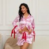 Women's Heart Bow Pajama Set – Long Sleeve Lapel Button-Up Top & Loose Shorts, Satin 2-Piece Sleepwear Set for Cozy Autumn Nights 6