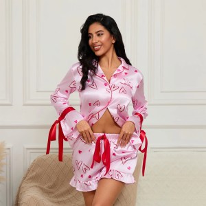 Women's Heart Bow Pajama Set – Long Sleeve Lapel Button-Up Top & Loose Shorts, Satin 2-Piece Sleepwear Set for Cozy Autumn Nights 6