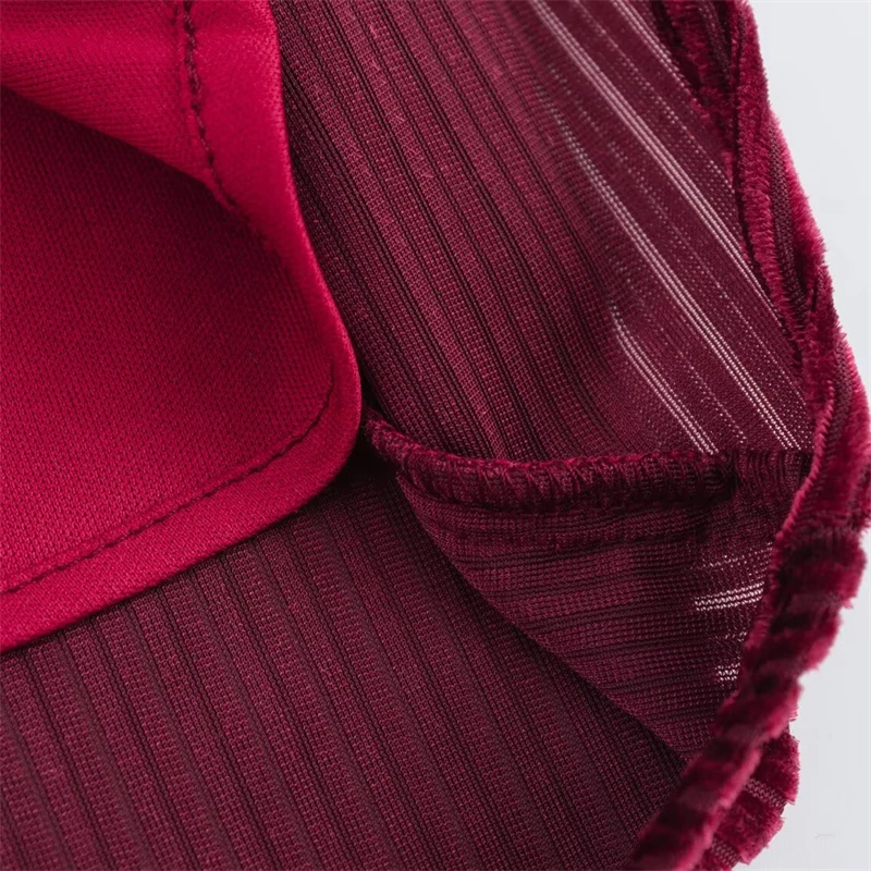 Deep Red Women's Velvet Mini Dress – Retro V-Neck, Long Sleeve, Slim Fit with Front Knot Detail 3