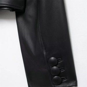 Women's Black Leather-Look Blazer – Street Style, O-Neck, Double Breasted Leather Jacket Coat Top 5