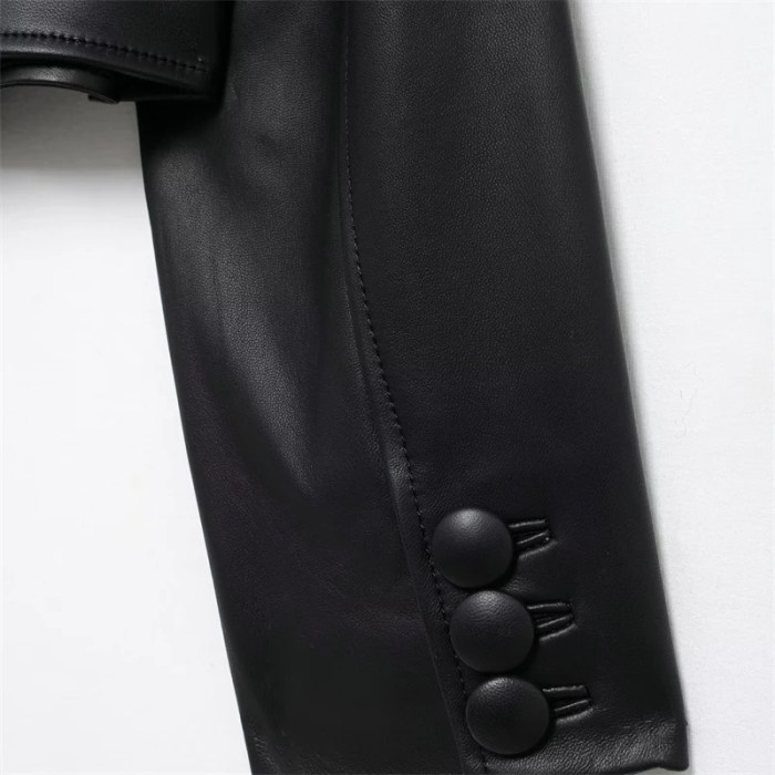 women's black leather look blazer – street style, o neck, double breasted leather jacket coat top Women's Black Leather-Look Blazer – Street Style, O-Neck, Double Breasted Leather Jacket Coat Top 5