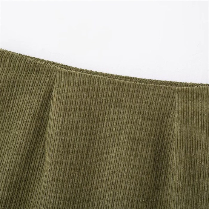 women's olive green corduroy mini skirt – retro style, low waist, slim a line with side zipper and hip wrap detail Women's Olive Green Corduroy Mini Skirt – Retro Style, Low Waist, Slim A-Line with Side Zipper and Hip Wrap Detail 2