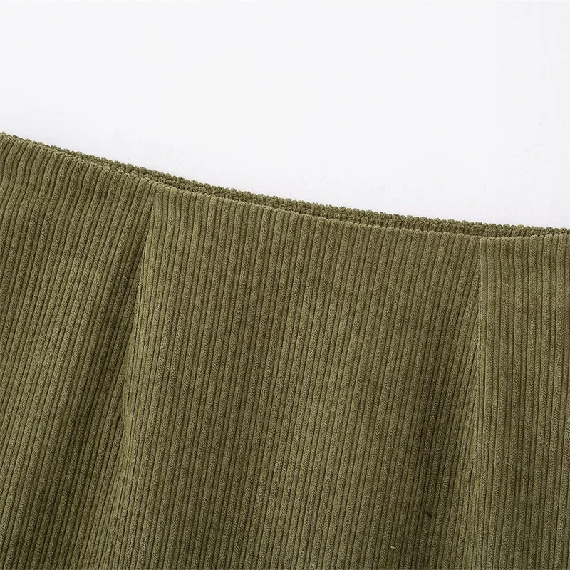 Women's Olive Green Corduroy Mini Skirt – Retro Style, Low Waist, Slim A-Line with Side Zipper and Hip Wrap Detail 2