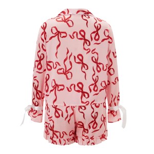 women's satin bow pajama set – long sleeve lapel button up top & shorts, 2 piece sleepwear set for cozy nights Women's Satin Bow Pajama Set – Long Sleeve Lapel Button-Up Top & Shorts, 2-Piece Sleepwear Set for Cozy Nights 3