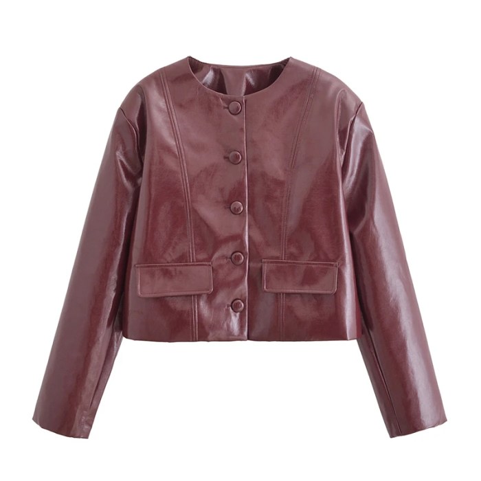 autumn burgundy women's glossy faux leather jacket – street style round neck single breasted slim crop coat, Autumn Burgundy Women's Glossy Faux Leather Jacket – Street Style Round Neck Single-Breasted Slim Crop Coat,
