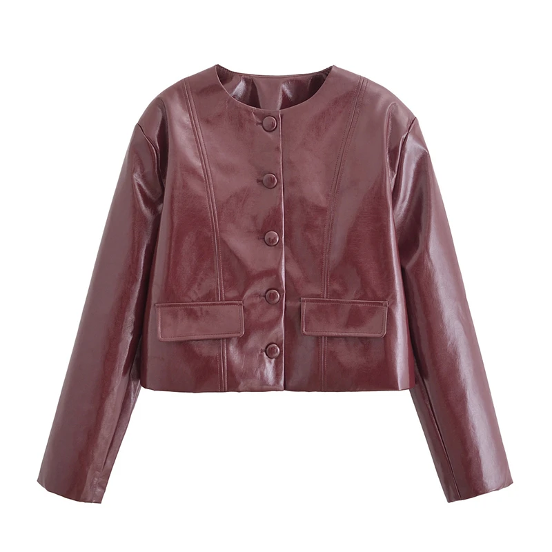 Autumn Burgundy Women's Glossy Faux Leather Jacket – Street Style Round Neck Single-Breasted Slim Crop Coat, Autumn Burgundy Women's Glossy Faux Leather Jacket – Street Style Round Neck Single-Breasted Slim Crop Coat,