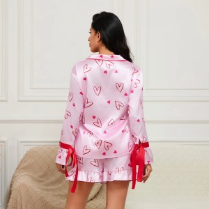 Women's Heart Bow Pajama Set – Long Sleeve Lapel Button-Up Top & Loose Shorts, Satin 2-Piece Sleepwear Set for Cozy Autumn Nights 2