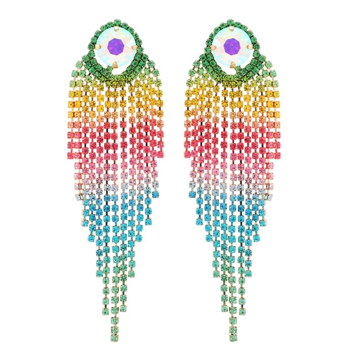 rainbow shiny rhinestone tassel chain earrings – sparkling charm design Rainbow Shiny Rhinestone Tassel Chain Earrings – Sparkling Charm Design