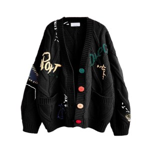 Loose Knitted Sweater – Long Sleeve Embroidered V-Neck Open Front Cardigan, 5