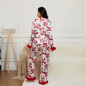 Sweet Dreams Feather Matching Pajamas – Cherry Bow Satin Set for Mommy & Me, Adorable Lapel Tops & Pants for Snuggly Sleepovers! 2