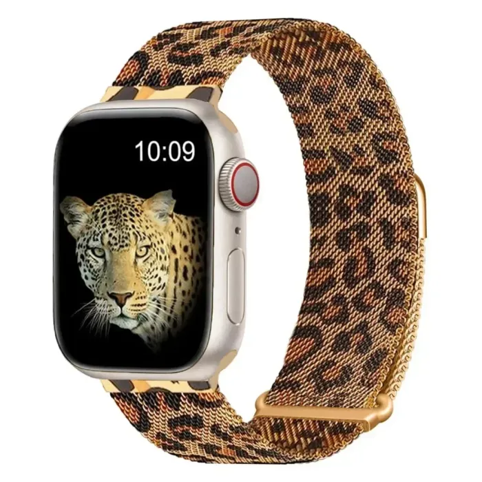 leopard print apple watch band metal mesh strap for 40mm 49mm, series 10/9/8/7/6/se/ultra 2 Leopard Print Apple Watch Band - Metal Mesh Strap for 40mm-49mm, Series 10/9/8/7/6/SE/Ultra 2