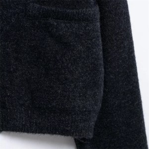 Black Women's Soft Touch Knit Cardigan – Leisure Style, Mock Neck, Double Pockets, Loose Cropped Sweater 3
