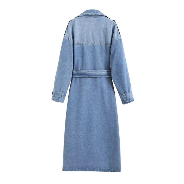 Women's Long Denim Coat – Street Style, Double-Breasted, Belted Loose Trench Outerwear 1