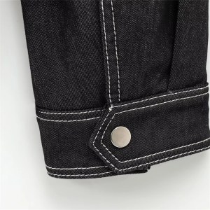 Women's Black Denim Jacket – White Line Detail, Flap Pockets, Loose Cropped Zipper Outerwear 5