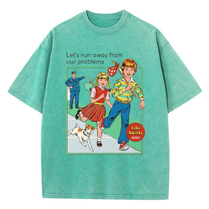 Let’s Run Away Print Women's Distressed T-Shirt – Soft, Breathable Washed Tee for Summer Street Fashion