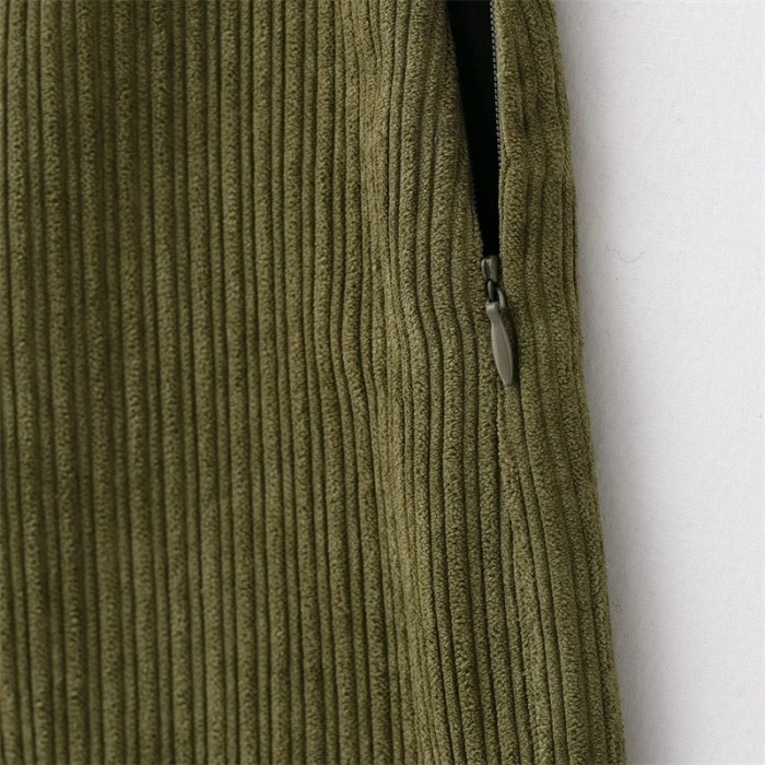 women's olive green corduroy mini skirt – retro style, low waist, slim a line with side zipper and hip wrap detail Women's Olive Green Corduroy Mini Skirt – Retro Style, Low Waist, Slim A-Line with Side Zipper and Hip Wrap Detail 3