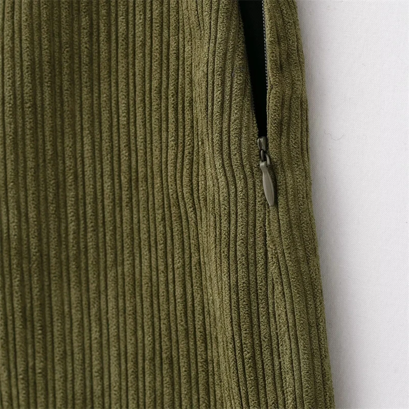 Women's Olive Green Corduroy Mini Skirt – Retro Style, Low Waist, Slim A-Line with Side Zipper and Hip Wrap Detail 3