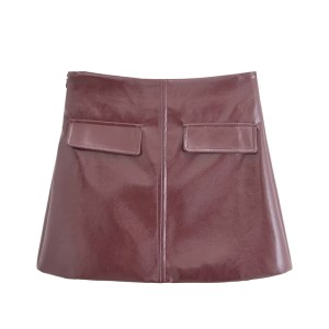 Burgundy Women's Glossy Leather A-Line Skirt – High Waist, Side Zipper, Flap Pocket Detail, Chic & Stylish