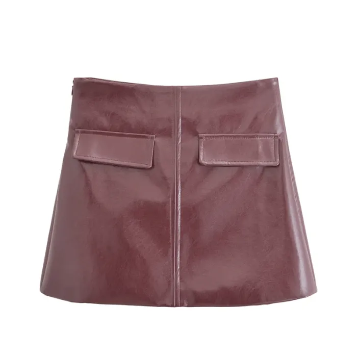 burgundy women's glossy leather a line skirt – high waist, side zipper, flap pocket detail, chic & stylish Burgundy Women's Glossy Leather A-Line Skirt – High Waist, Side Zipper, Flap Pocket Detail, Chic & Stylish